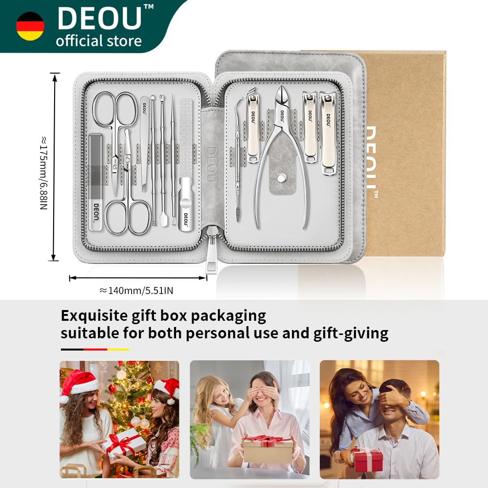 DEOU 13pcs Nail Grooming Kit Stainless Steel Professional Manicure Set Men Nail Care Tools with woman Luxurious Portable Travel Case Gift (Gray)