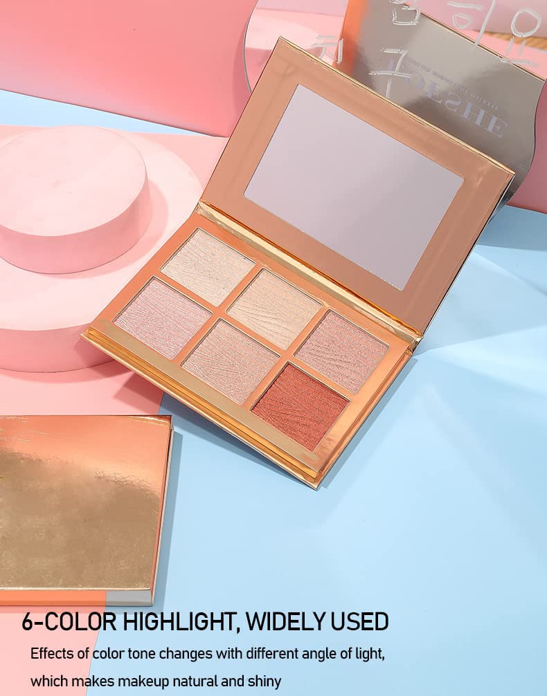 6 Colors Highlighter Makeup Face Palette, Shiny Glow Highlighter Shimmer Metallic Palette Professional Face Contouring Blemish Pallet, Natural Shiny Makeup Face Glitter Blush Cheeks Pallet Contour Illuminator Makeup Highlight Powder for Women