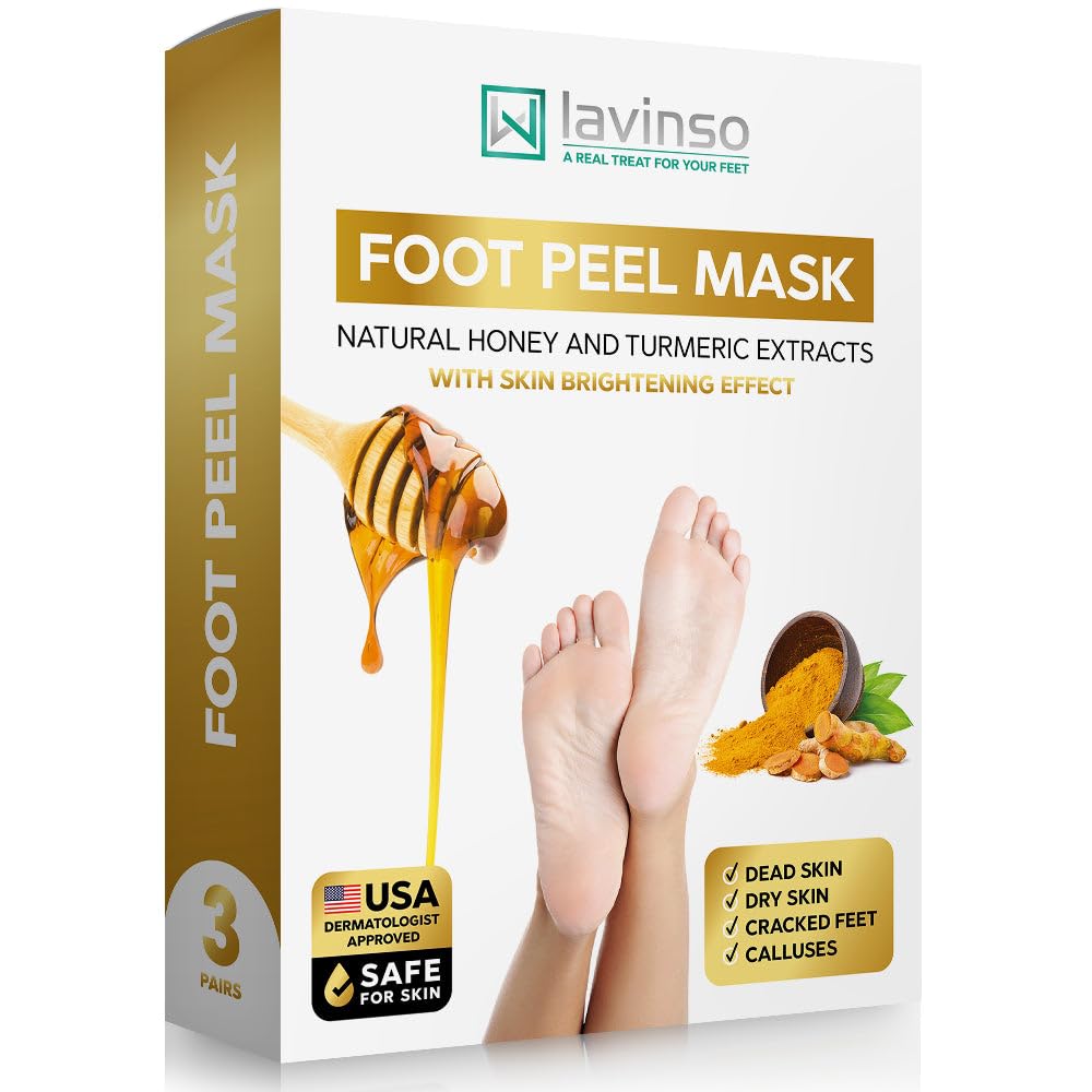 Lavinso Honey Feet Peeling Mask for Dry Cracked Feet - 3 Pack - with Kojic Acid Skin Brightening Effect - Exfoliating Dead Skin and Calluses - Foot Peel Mask for Baby Soft Feet