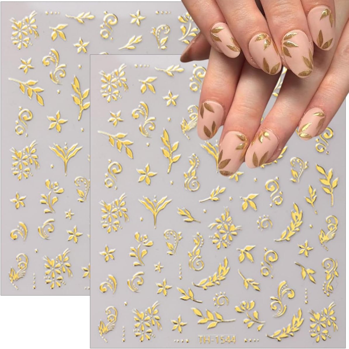 6 Sheets Gold Nail Stickers 3D Metallic Flower Leaf Nail Art Stickers 3D Self Adhesive Gold Nails Designs Accessories Cherry Blossom Flower Nails Decals for Women Girls DIY Summer Manicure Decoration