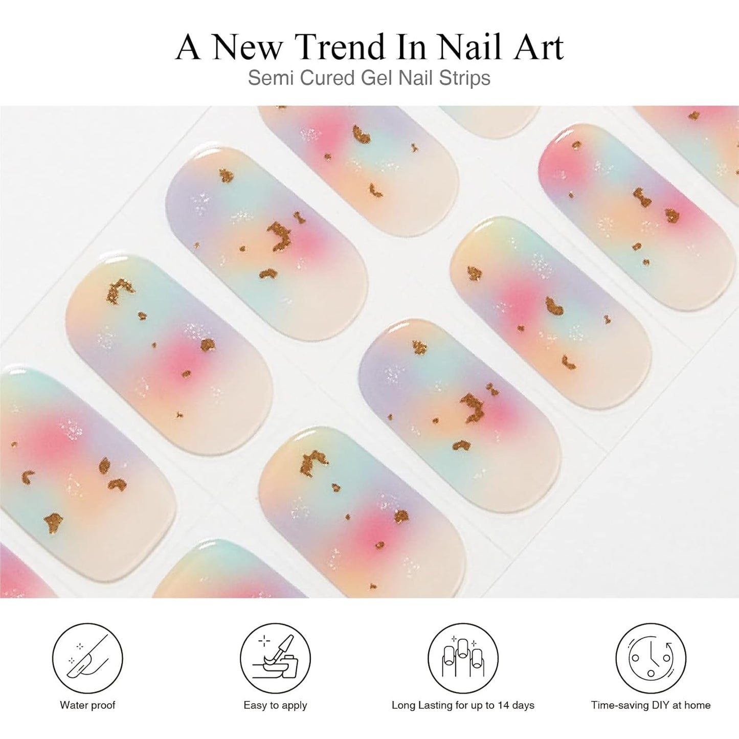 Semi Cured Gel Nail Strips, 20pcs, Multicolor Bubble Nail Wraps, Waterproof, 2 Weeks Long Lasting