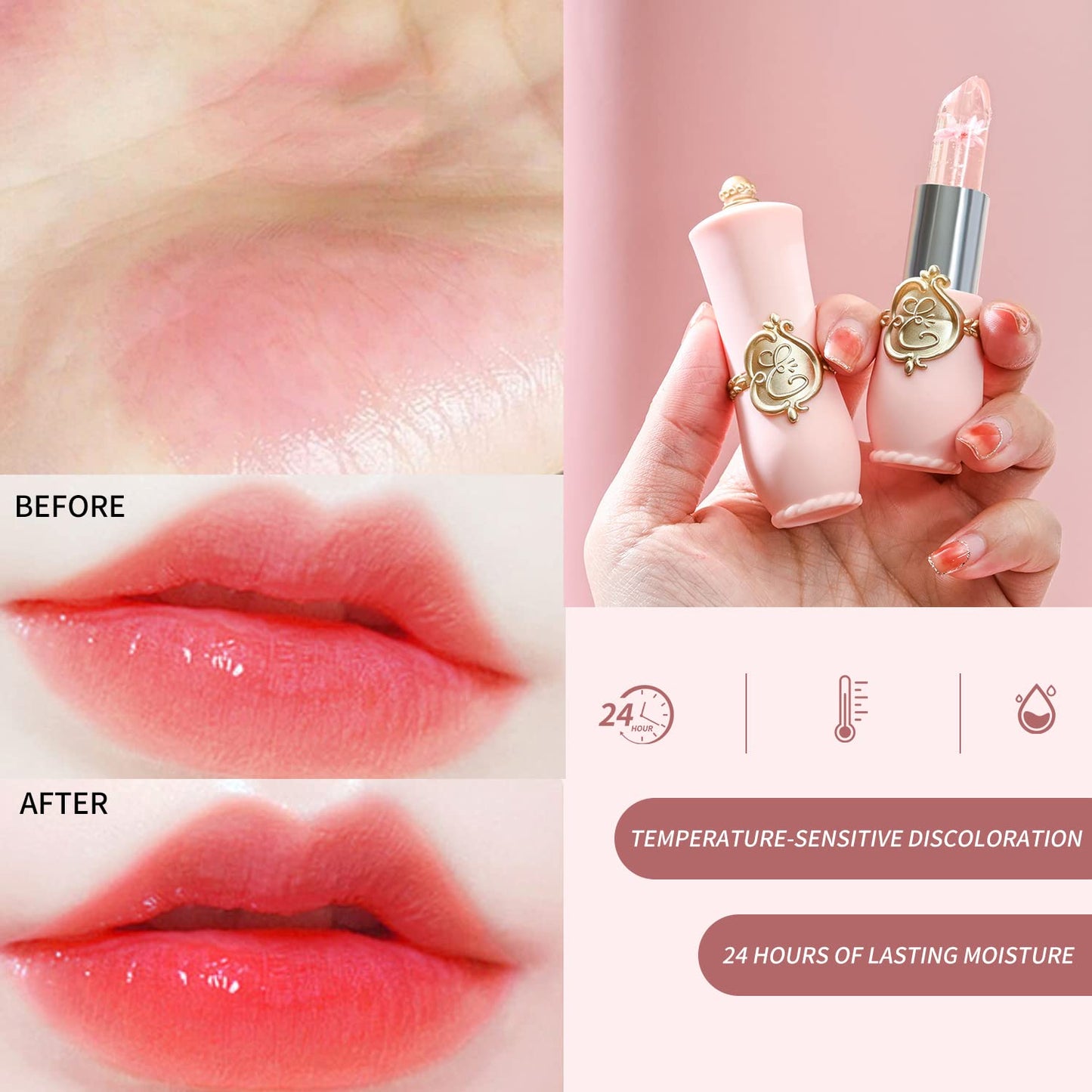 3 Pcs/Set Flower Jelly Lipstick Set Temperature Change Moisturizer Long Lasting Nutritious Balm Magic Color Change Lip Gloss (Flower Jelly Lipstick 040506)