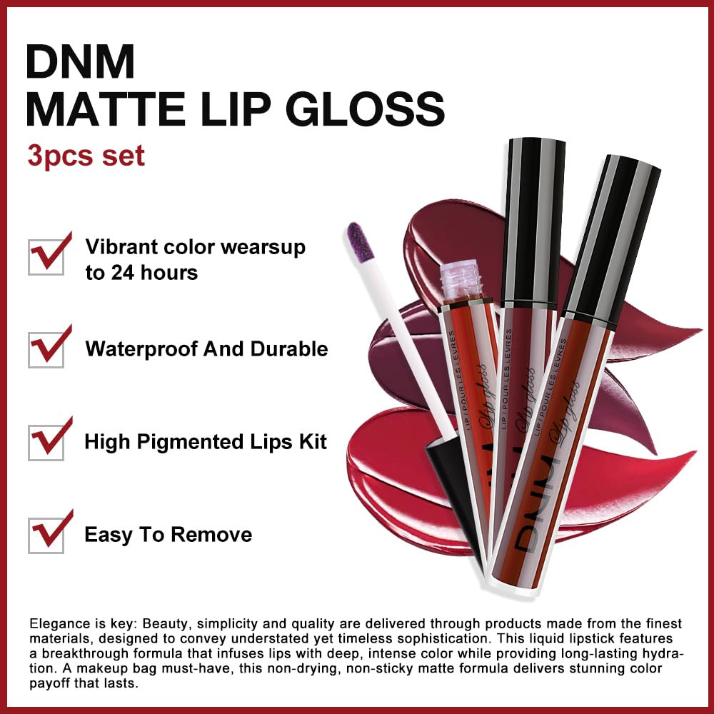 evpct 3Pcs Dark Red Deep Red Oxblood Red Matte Liquid Lipstick Lip Stain Sets for Women Matte+Lipstick Long Lasting Permanent 24 hr Hours Magic Lipstick 24 Hours original Waterproof 26