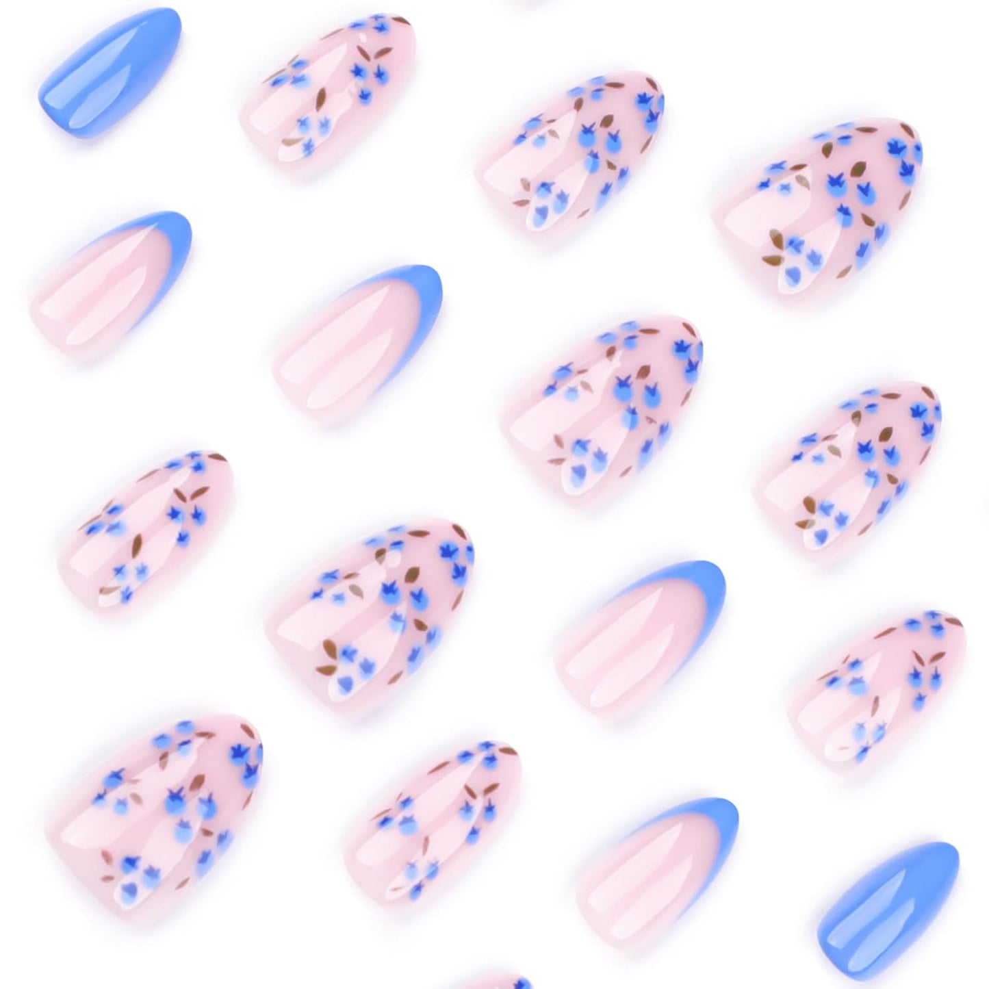 Summer Fall Press On Nails Short Almond, Nude and Blue Fake Nails Featuring Blue Floral Accents, Glossy Finish Acrylic Nails, Thick Reusable Glue On Nails for Women, 24Pcs