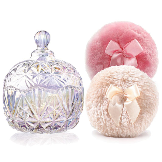 Luxury 4 Inch Glass Loose Powder Container with 2 Soft 3.5" Puffs｜Non-Sealed Refillable Organizer Storage for Body Powder Makeup & Jewelry & Setting Applicator(Crown-Dazzling Color)