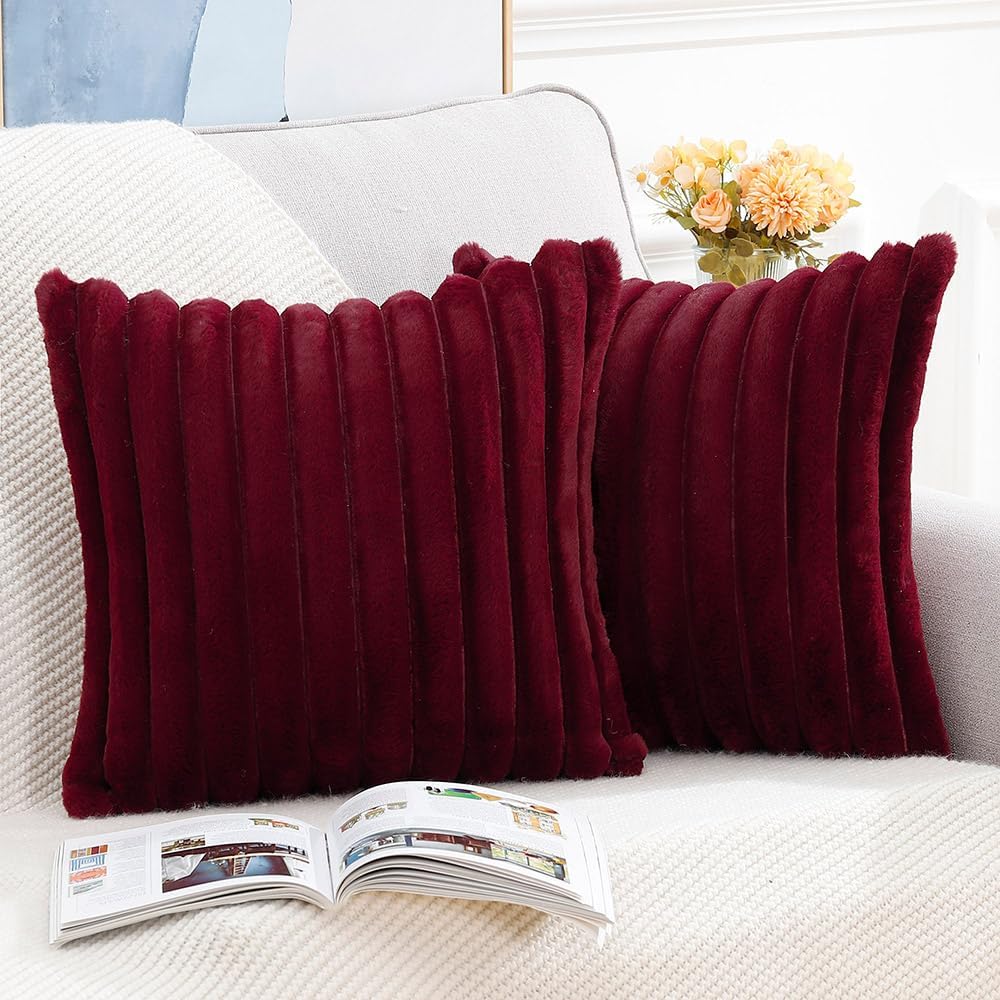 MADIZZ Set of 2 Faux Wool Plush Decorative Throw Pillow Covers 20x20 Inch Burgundy Fluffy Striped Soft Decorative Cushion Cover for Sofa Bedroom Pillow Shell