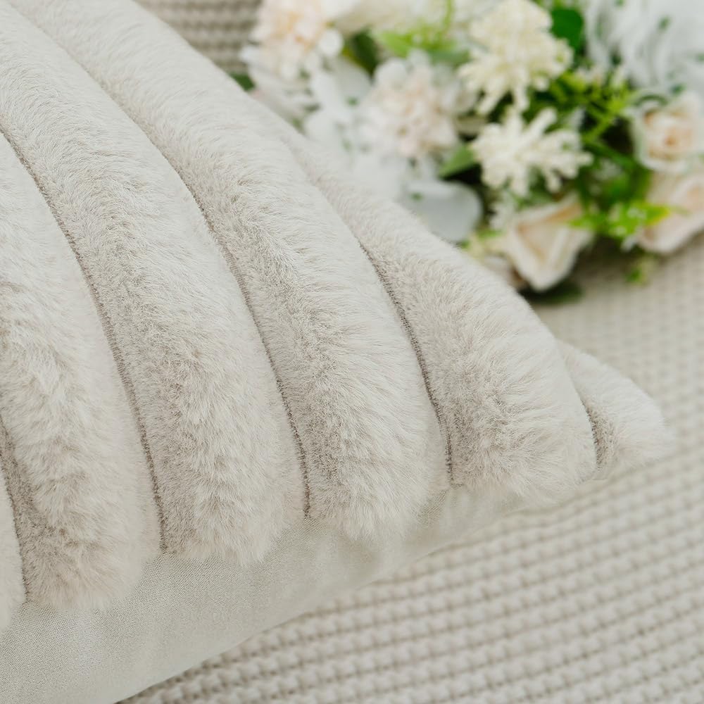 MADIZZ Set of 2 Faux Wool Plush Decorative Throw Pillow Covers 16x16 Inch Greyish White Fluffy Striped Soft Decorative Cushion Cover for Sofa Bedroom Pillow Shell