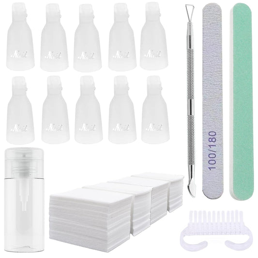 Ponjowl Gel Nail Polish Remover Kit with 10pcs White Nail Polish Remover Clips Cap, Acetone Nail Dispenser Bottle, Polish Cuticle Pusher, 400 PCS Cotton Pads, Handle Brushes, Nail File, Buffer Block.