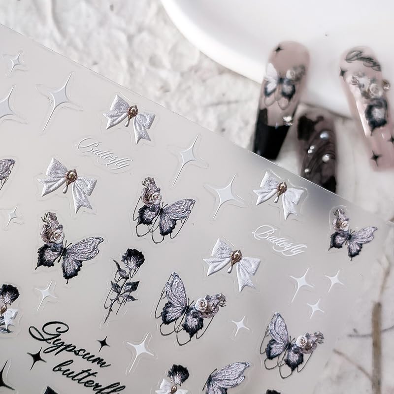 Butterfly Nail Stickers 5D Embossed Nail Art Decals Self-Adhesive Black Bows Nail Stickers for Nail Art DIY Flower Nail Art Decorations for Women (1, Black Bows)