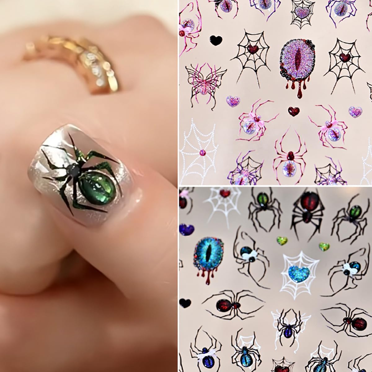 2 Sheets Halloween Nail Art Stickers Decals 5D Embossed Spider Web Nail Decals Glitter Spider Eyes Nail Design Stickers Gothic Halloween Nail Art Supplies for Women DIY Manicure Decoration Accessories