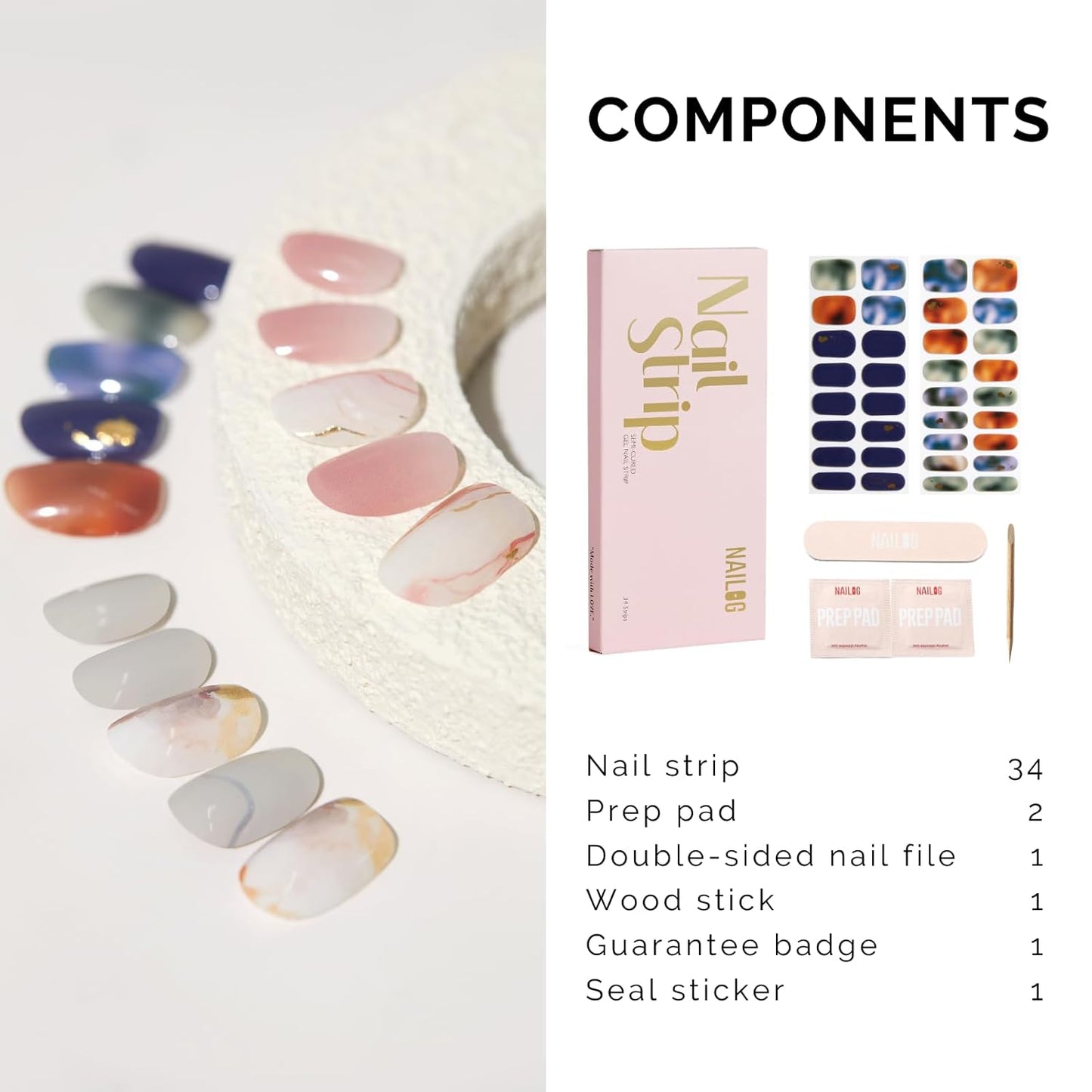 Semi Cured Gel Nail Strips - NAILOG 34 Pcs Art Design Nail Stickers Extra Long Wraps with Glossy Gel Finishing for Autumn Winter, Illusion II