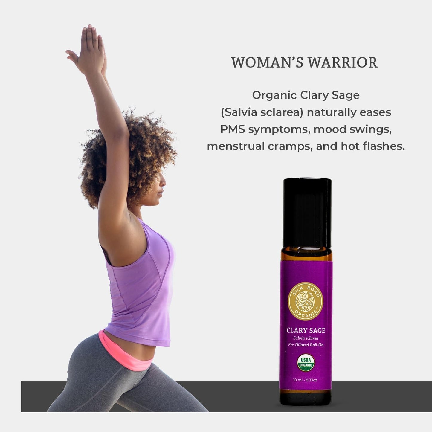 Silk Road Organic Clary Sage Essential Oil Roll On, 100% Pure USDA Certified Aromatherapy for PMS, Stress & Mental Clarity - 10 ml Roller - Always Pure, Always Organic