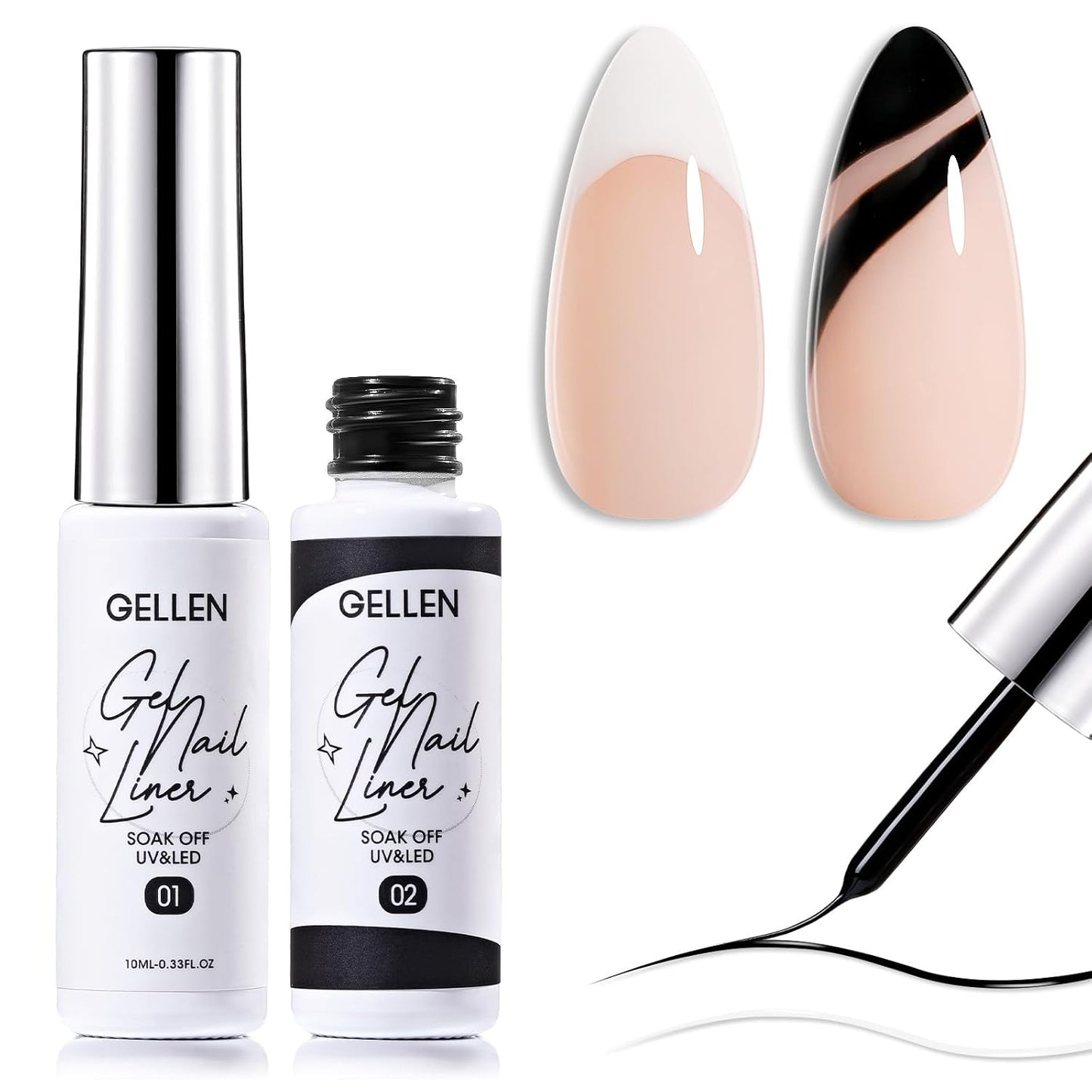 GELLEN 2 Pcs 10ml Black White Liner Gel Nail Polish, Classic Soak off Nail Lamp Nail Art Paint Gel with Thin Nail Art Brush for Euphoria Nail French Manicure