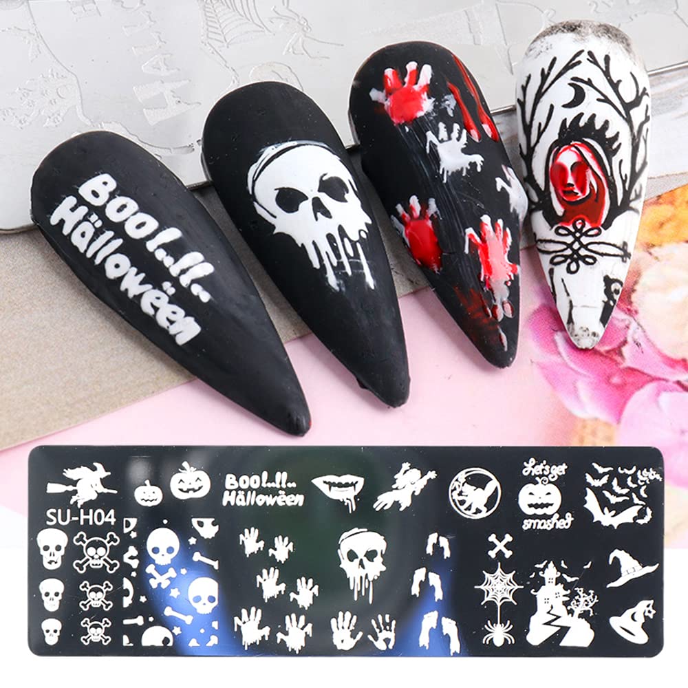 Halloween Nail Art Stamping Plates, 6 PCS Halloween Nail Stamper Kit Horror Ghost Skull Pumpkin Spider Witch Nail Art Stencils Plates Halloween Holiday Party Manicure Template Design Tool