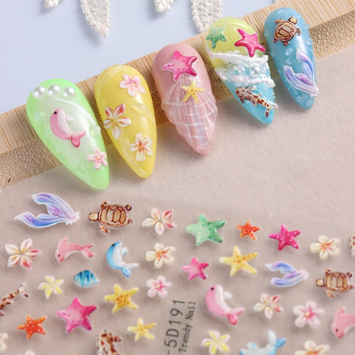 5D Embossed Summer Nail Stickers for Nail Art 2 Sheets Beach Starfish Nail Art Stickers Self-Adhesive Jellyfish Shell Starfish Sea Turtle Coconut Tree Designs Ocean Nail Decals for Women Acrylic Nails
