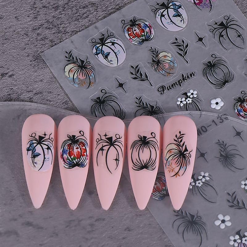 Halloween Nails Stickers Black Pumpkins Nails Sticker 3D Embossed White Flower Self Adhesive Sticker Nail Decals Black Bunch Nail Art Decals Halloween Decals for Nail DIY Manicure 2Sheet