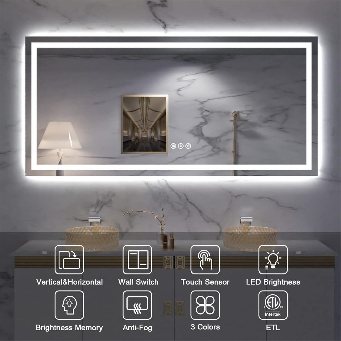 Amorho 72''x 40'' LED Mirror for Bathroom with Front and Backlight, Large Dimmable Wall Mirrors with Anti-Fog, Shatter-Proof, Memory, 3 Colors, Double LED Vanity Mirror
