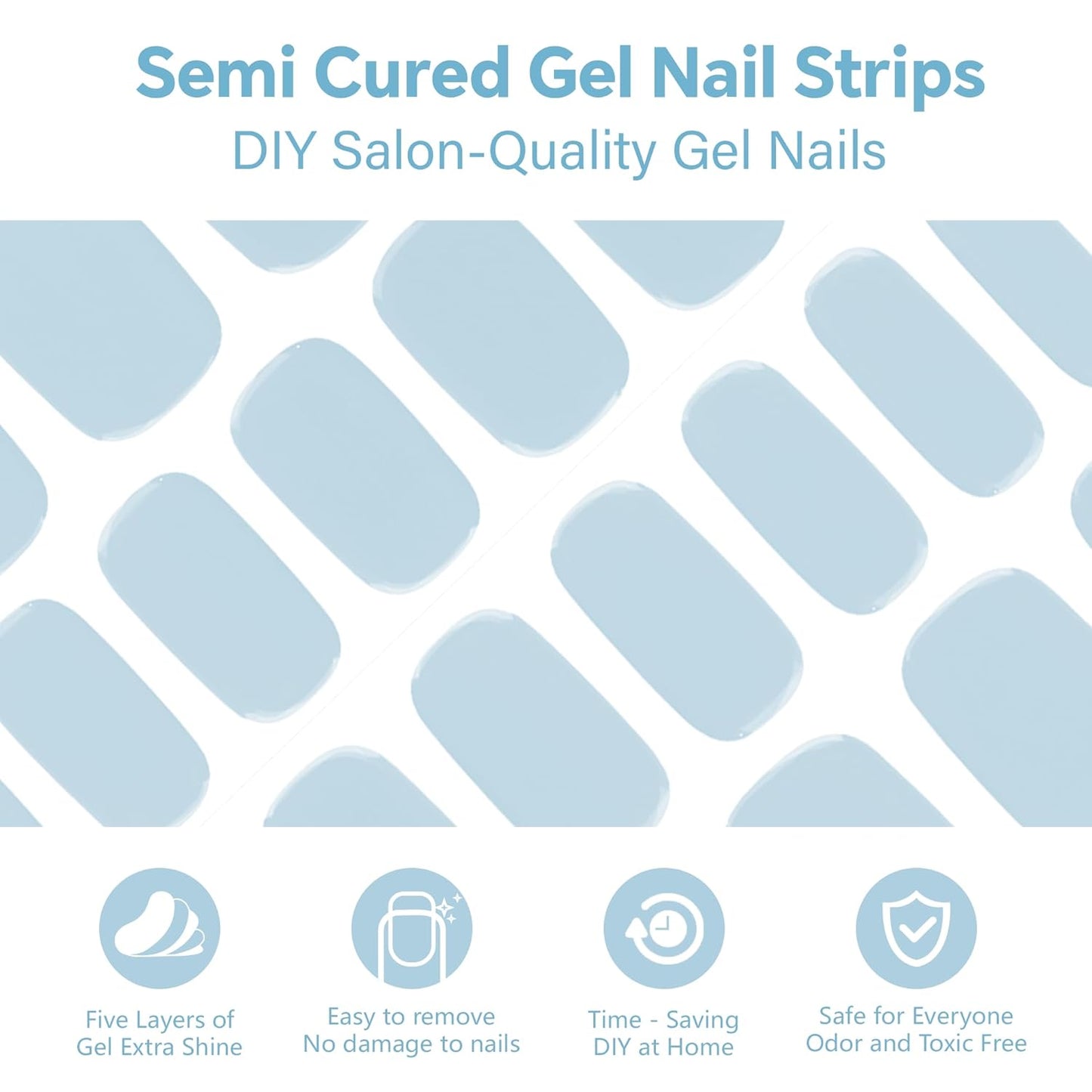 Semi Cured Gel Nail Strips-Natural Looking False Nails, Glue on Nails Full Cover for Daily Use & Homemakers Works with Any UV/LED Lamps(Sky Blue)