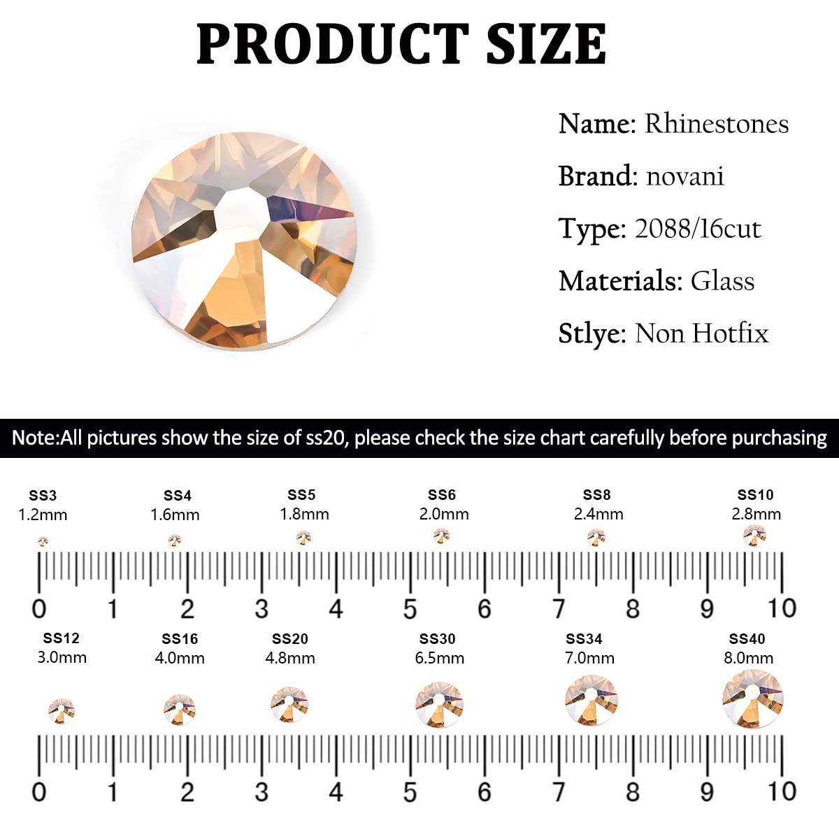 Novani Golden Shadow Rhinestones 288pcs Flat Back Round Rhinestone Style 2088 Sparkly Crystal Gemstones for Nail Art and Crafting SS30,6.4-6.6mm