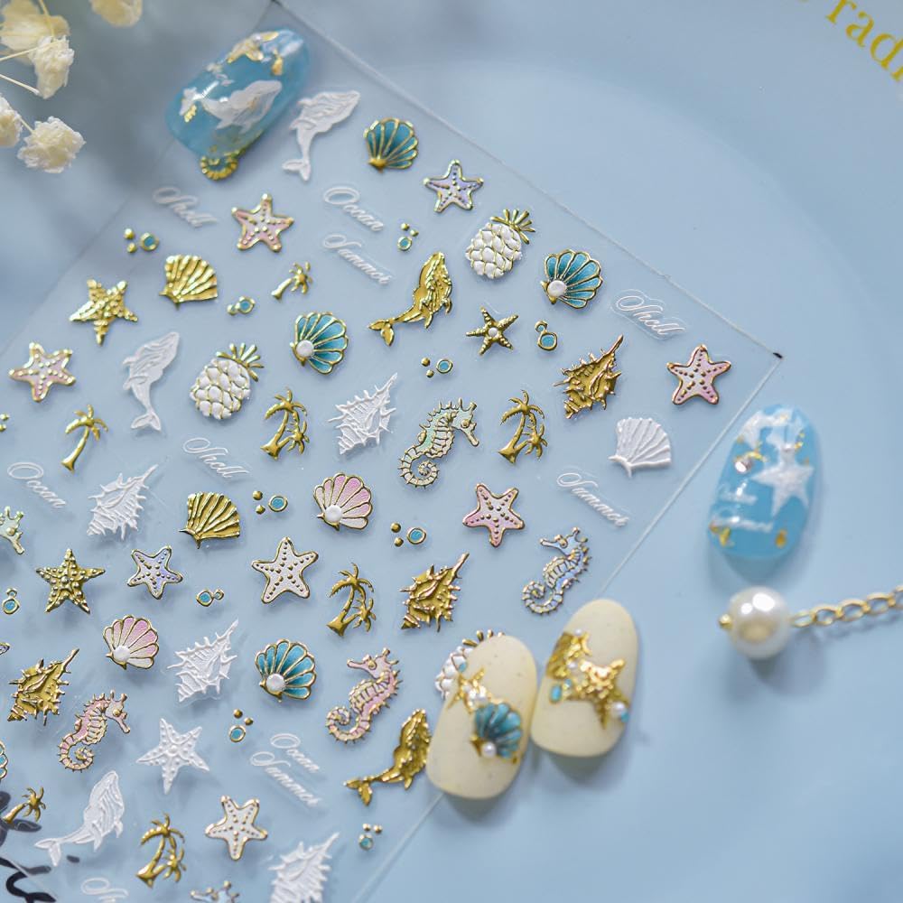 5D Embossed Ocean Nail Stickers Gold Starfish Pineapple Nail Art Stickers 3D Self-Adhesive White Dolphin Nail Designs Laser Pink Shell Summer Nail Art Decoration for Women DIY 1 Sheet