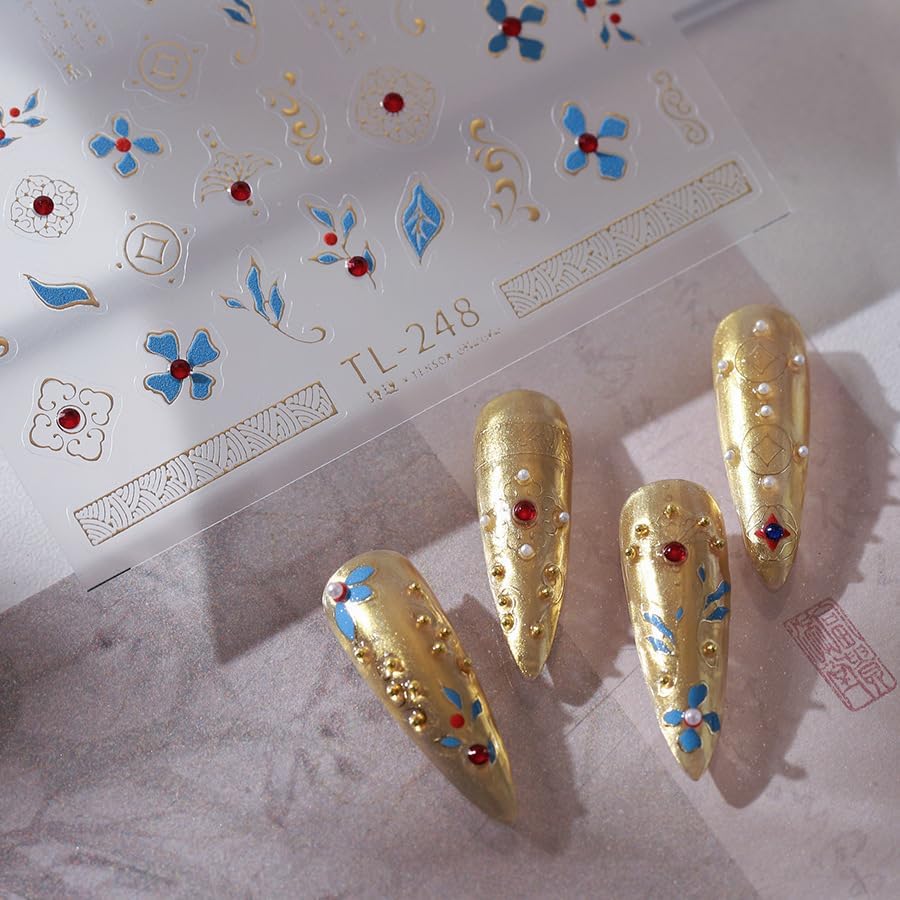 Gold Fall Nail Art Stickers 5D Embossed with Rhinestones Bohemian Nail Stickers, Self-Adhesive Durable Nail Art Decals for Women Girls, Nail Wraps Decoration Manicure for DIY Acrylic Nail Accessories
