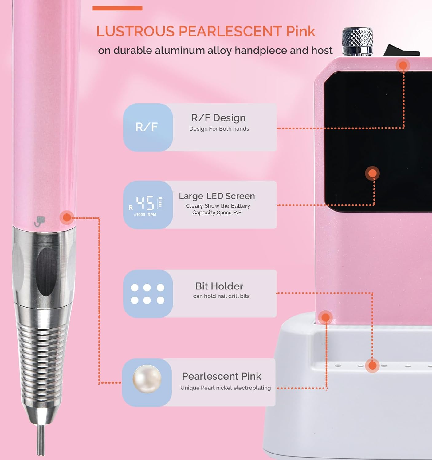 Professional Nail Drill Machine - 2-in-1 Brushless Motor Nail File, 45000 RPM 2*3500mAh Portable Efile for Acrylic Gel Nails with 6 Bits & ETL-Certified USB Charger for Salon & Home(Pink)
