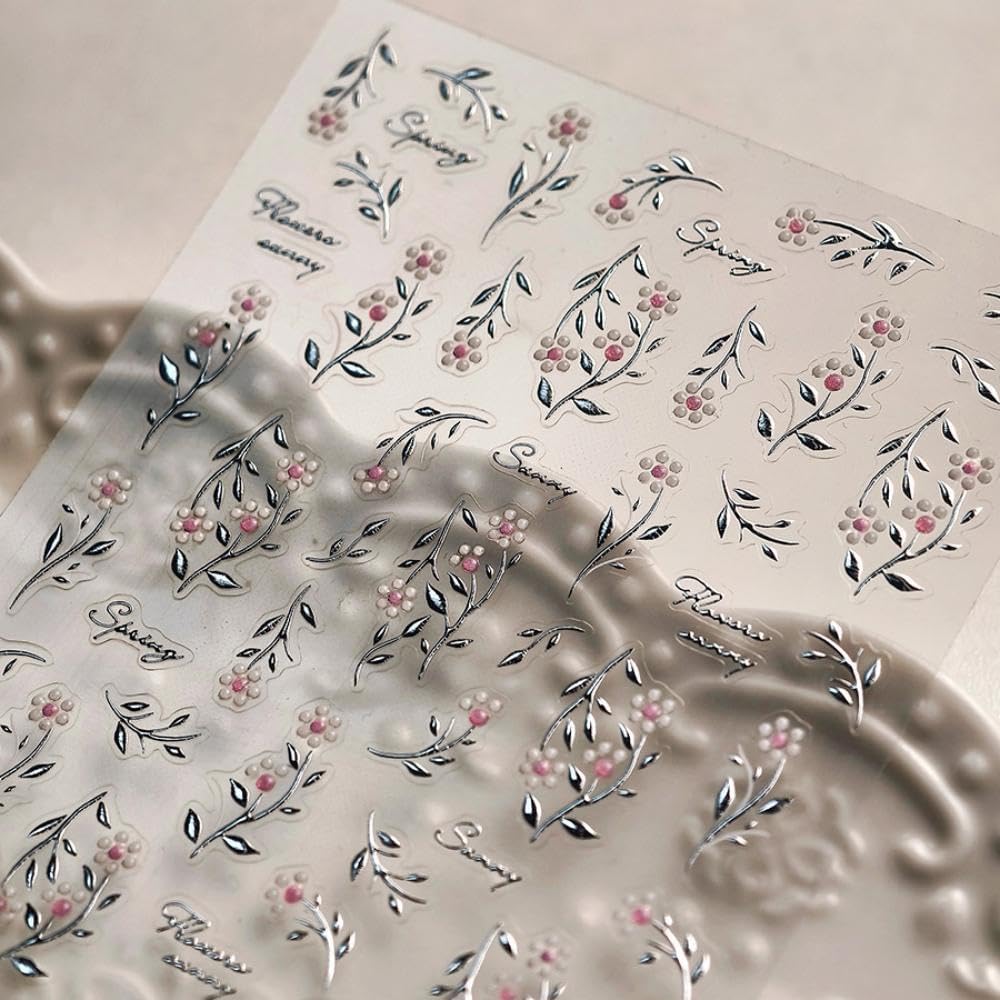 Leaf Flower Nail Stickers Gold Branch Nail Designs 3D Self-Adhesive Silver Leaf Nails Supplies 5D Embossed White Pink Fall Nail Decals Summer Nail Art Decoration for Women DIY Manicure 2 Sheets
