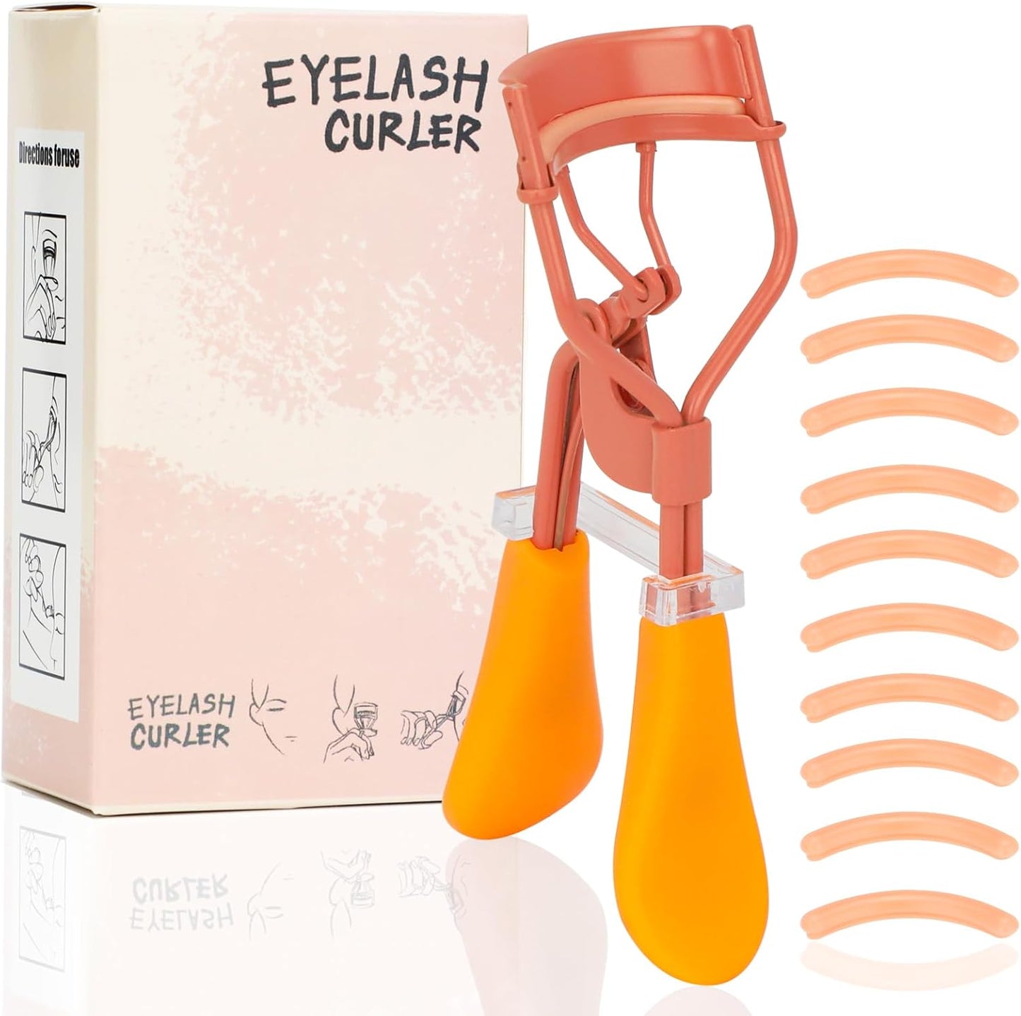 Eyelash Curler with Pads, Lash Curler with 10 Extra Silicone Replacement Pads, Comfortable Grip for Effortless Curling – Eyelashes for The Perfect Eye Contour (Honeydew Orange)