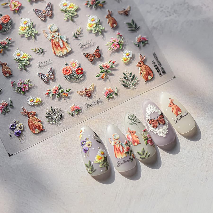 Flower Butterfly Art Stickers 5D Embossed Colorful Plants Garden Nail Stickers, Self-Adhesive Durable Nail Art Decals for Women Girls, Nail Wraps Decoration Manicure for DIY Acrylic Nail Accessories