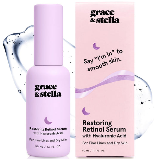 grace & stella Retinol Serum for Face with Hyaluronic Acid (50ml/1.7 fl oz) - Restoring Retinol Hyaluronic Acid Serum for Face to Reduce Fine Lines & Wrinkles - Acido Hialuronico - Vegan Skincare