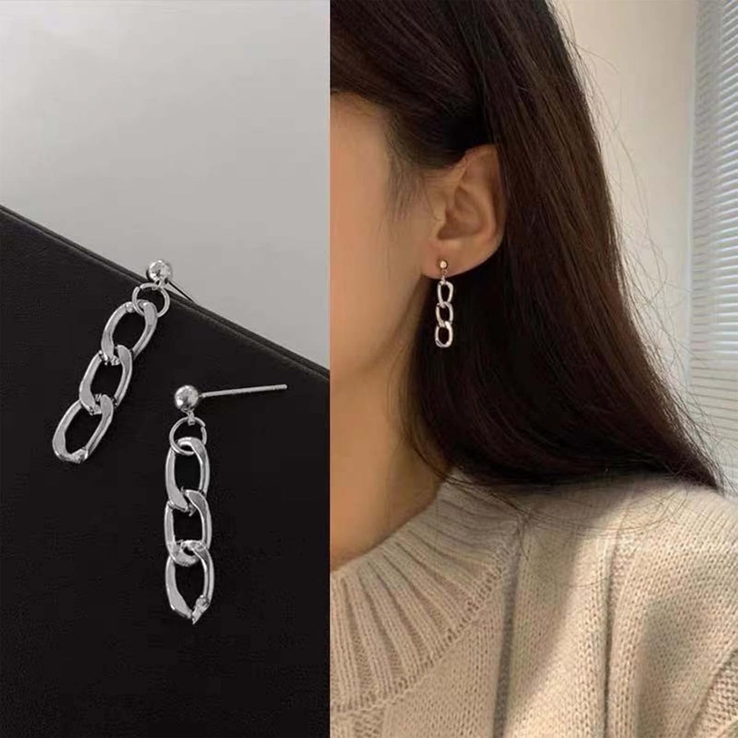 Punk Link Chain Earrings Silver Cable Link Earrings Curb Chain Drop Earrings Minimalist Statement Earrings Jewelry for Women and Girls Gifts