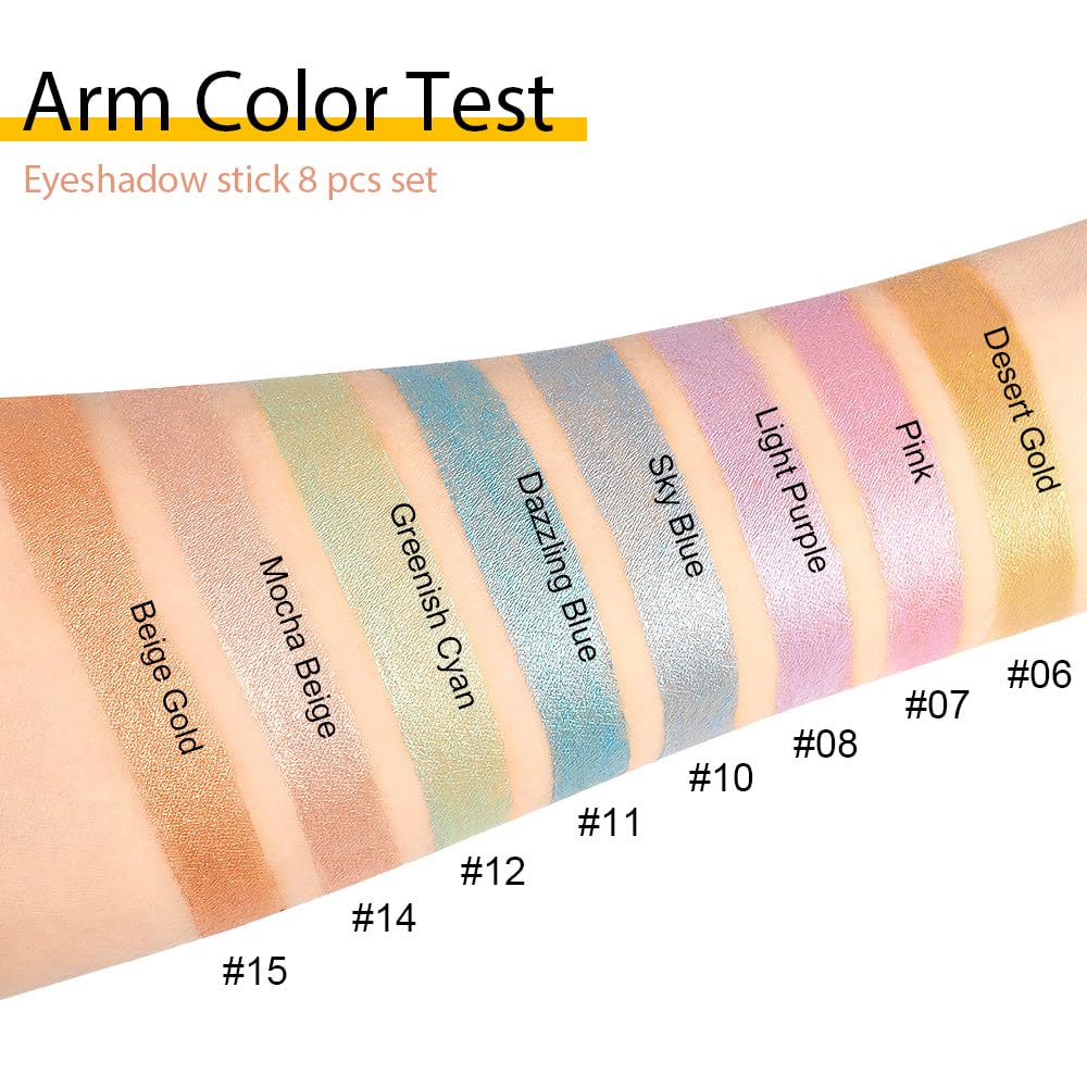 8Pcs Glitter Eye Shadow Sticks Liner Pencils Makeup Set, Desert Mocha Beige Gold Light Purple Pink Sky Dazzling Blue Geen Glitter Shimmer Eyeliner Pencil Cream Eyeshadow Palette Makeup for Older Women