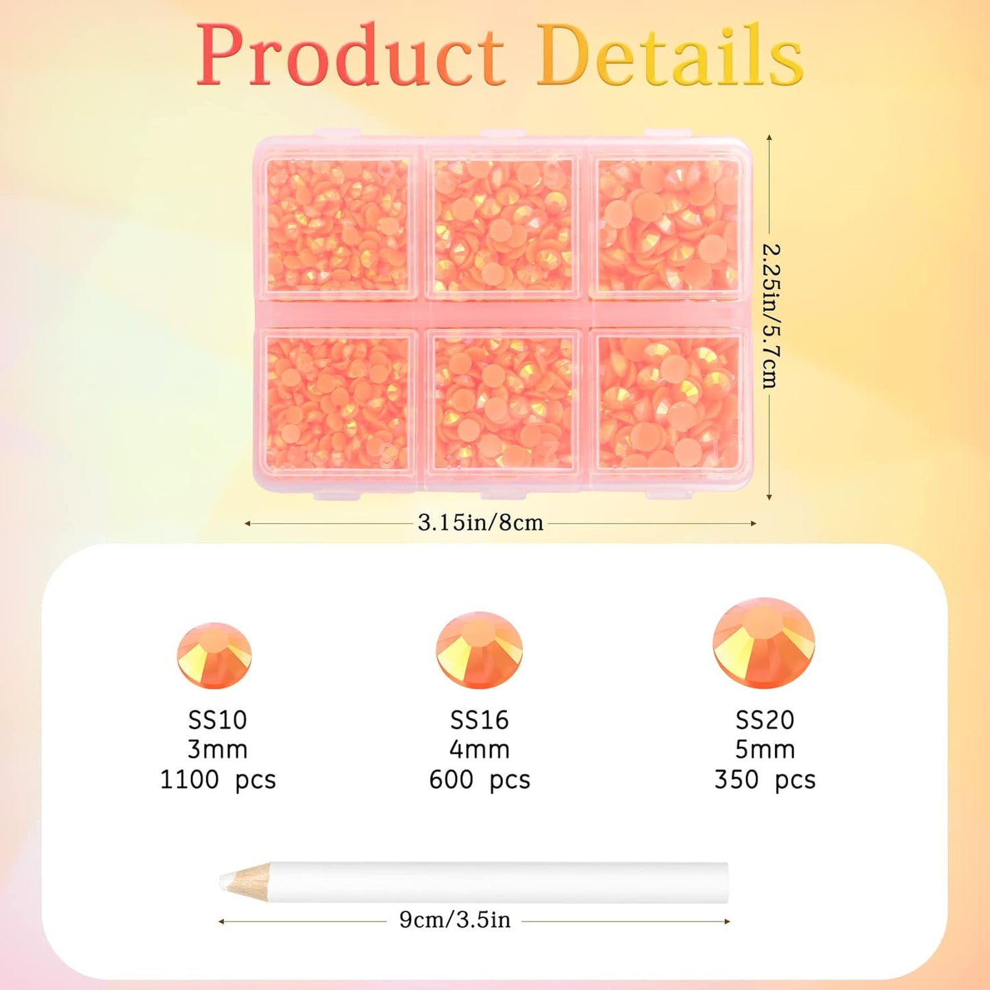 Multi Size 3mm 4mm 5mm Rhinestones Set for Nails Crafts Orange Non Hotfix Rhinestones Nail Gems Rhinestone Jelly AB&Round Flat Back Resin Rhinestone for Makeup Clothes Shoes Eyes Bottles Crafts