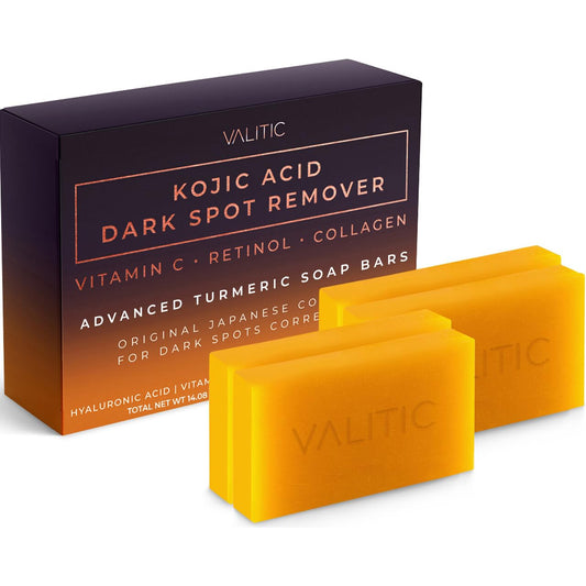 VALITIC Kojic Acid Dark Spot Remover Soap Bars with Vitamin C, Retinol, Collagen, Turmeric - Original Japanese Complex Infused Hyaluronic Acid, E, Shea Butter, Castile Olive Oil (4 Pack)