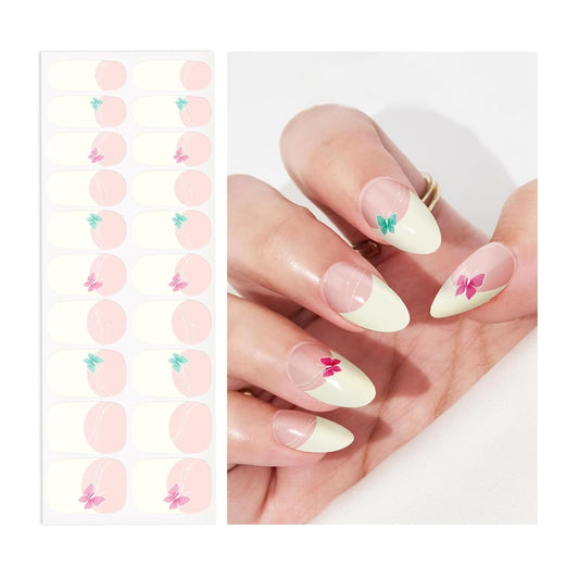 Semi Cured Gel Nail Strips | Built-In Gel Top Coat | UV Light Required | Salon Quality, Easy Application And Removal (Fairy Butterflies French)