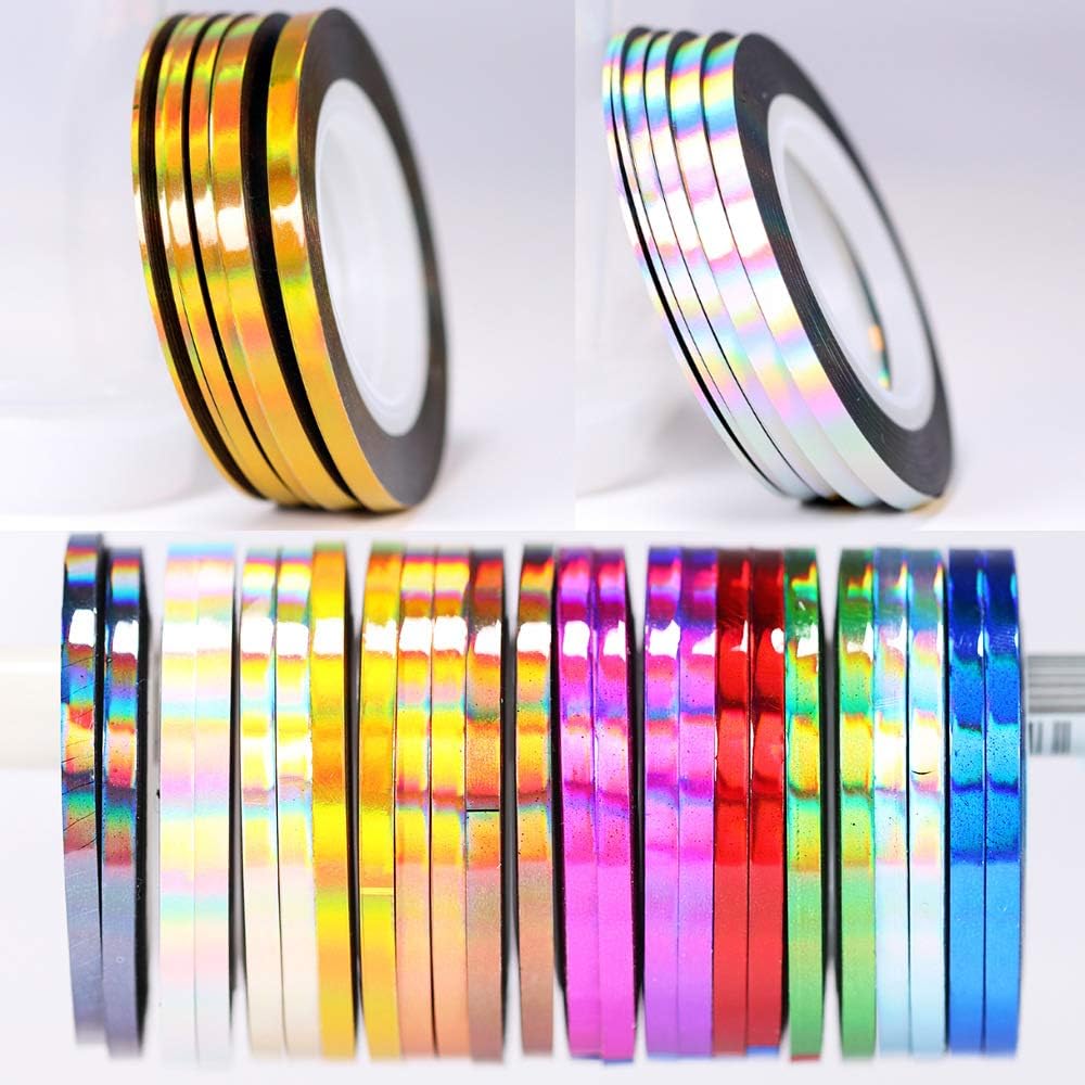 Nail Art Striping Tape Lines Kit 36 pcs 1mm 2mm 3mm Nail Tape Strips for Design DIY Silver Nails Striping Tape Case,Laser Holographic Nail Rolls Chrome Striping Tape Line