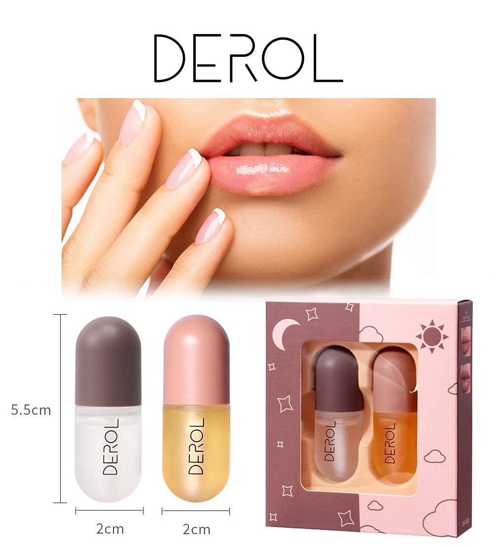 DEROL Lip Plumper by Vafee, Natural Lip Plumper and Lip Care Serum, Lip Enhancer for Fuller, Lip Mask, Beautiful Fuller, Hydrating & Reduce Fine Lines 5.5ML (Day& Night)