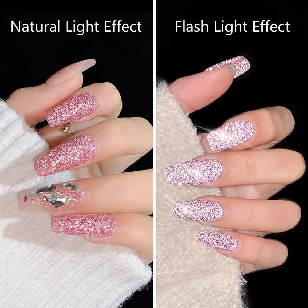 MIZHSE Diamond Gel Nail Polish, Reflective Glitter Pink Gel Polish, Sparkly Shiny Shimmer Nail Art Varnish Manicure, Soak Off LED Lamp, for Beginners DIY at Home
