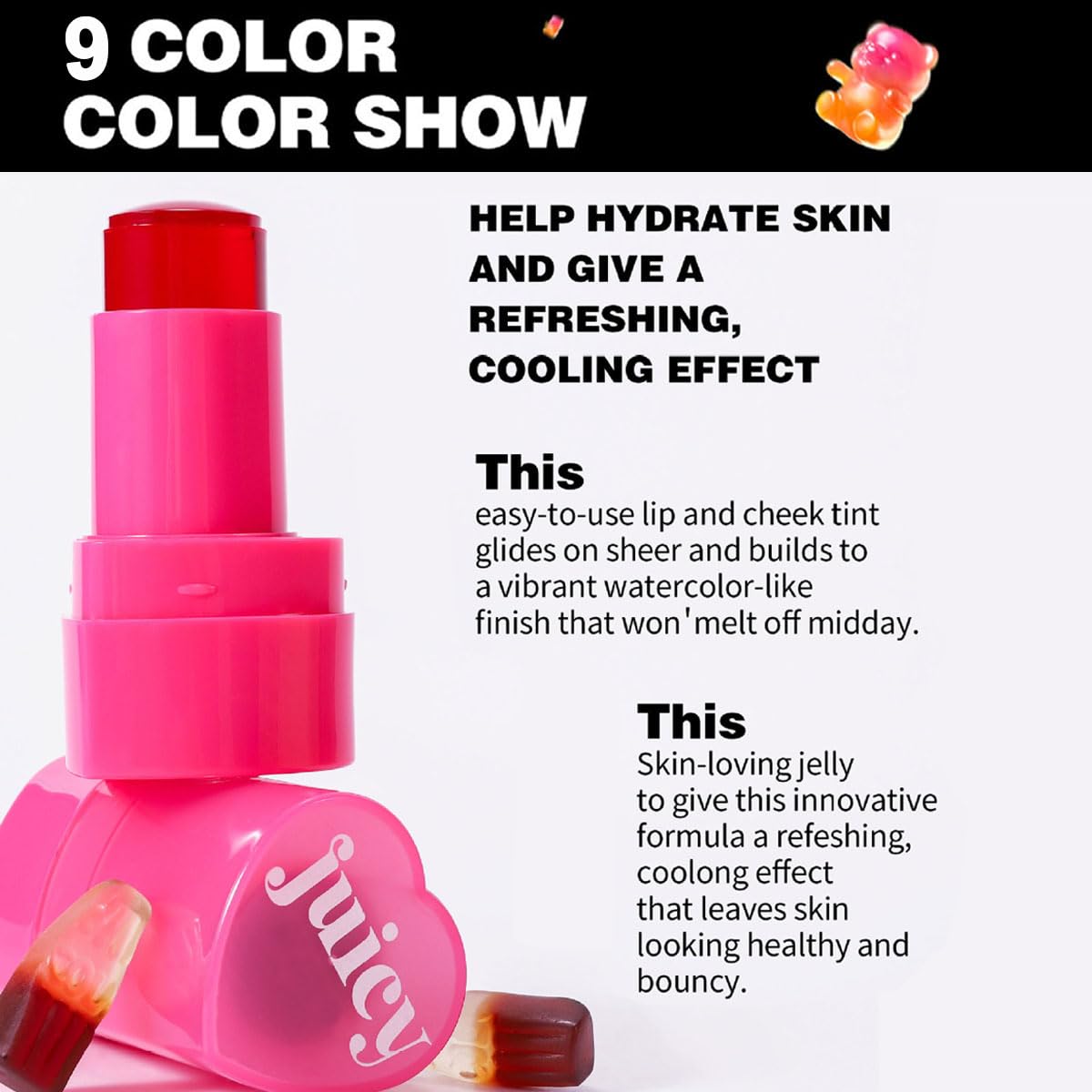 Cooling Water Jelly Tint Stick，Multi-Use Juicy Love Blush, 3-In-1cheek Blush & Eyeshadow & Lip Tinted Long-Lasting Moisture Stick，Bouncy Jelly Texture，Creates A Moist Watercolor Effect (#09, 0.32oz)