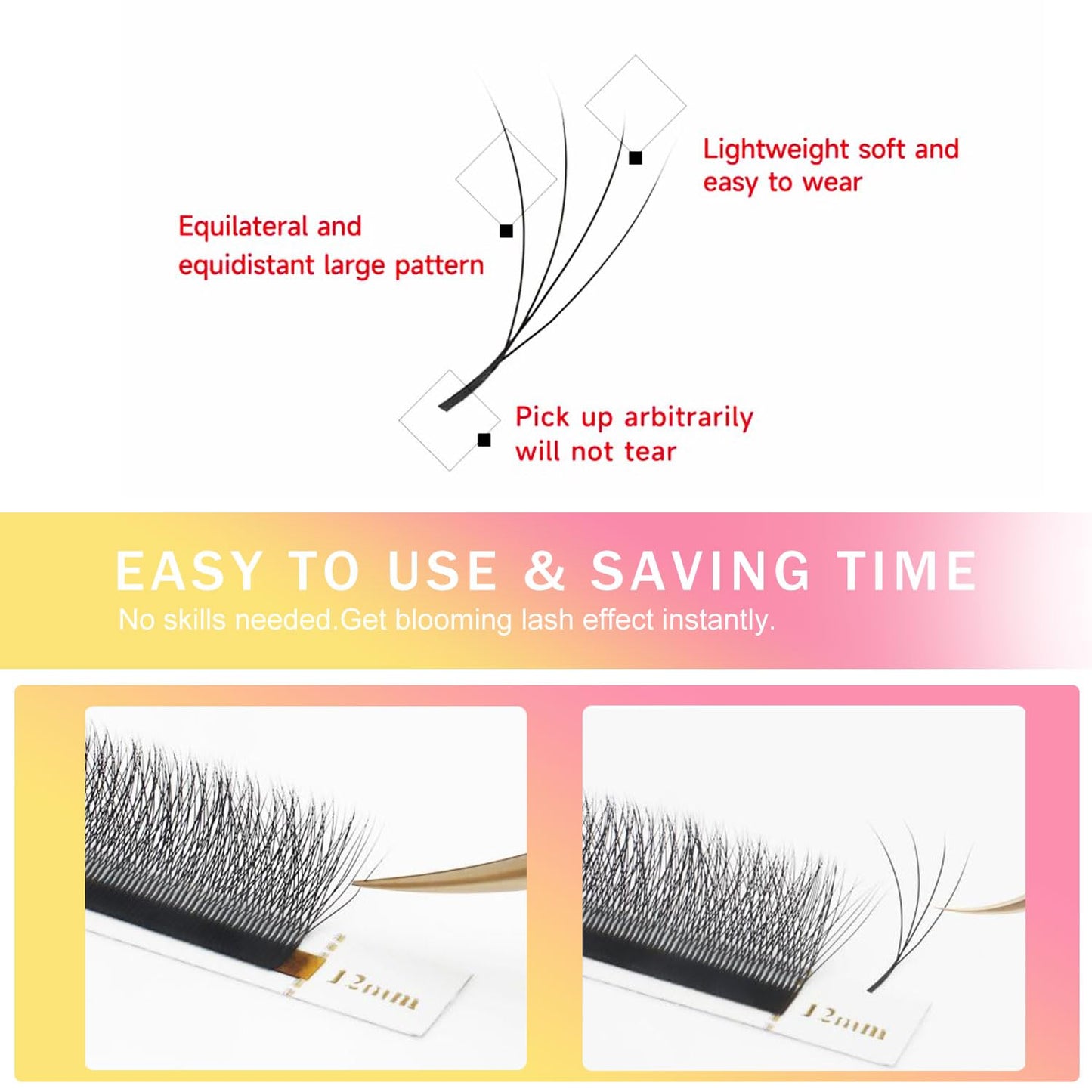 W Lash Extensions Supplies 4D Eyelash Extensions W Shape 0.07mm Thickness C Curl 12mm Premade Fans Easy Fan Lashes Volume Matte Black 12 Rows Crisscross Eye Lashes(W-4D-0.07-C,12mm)