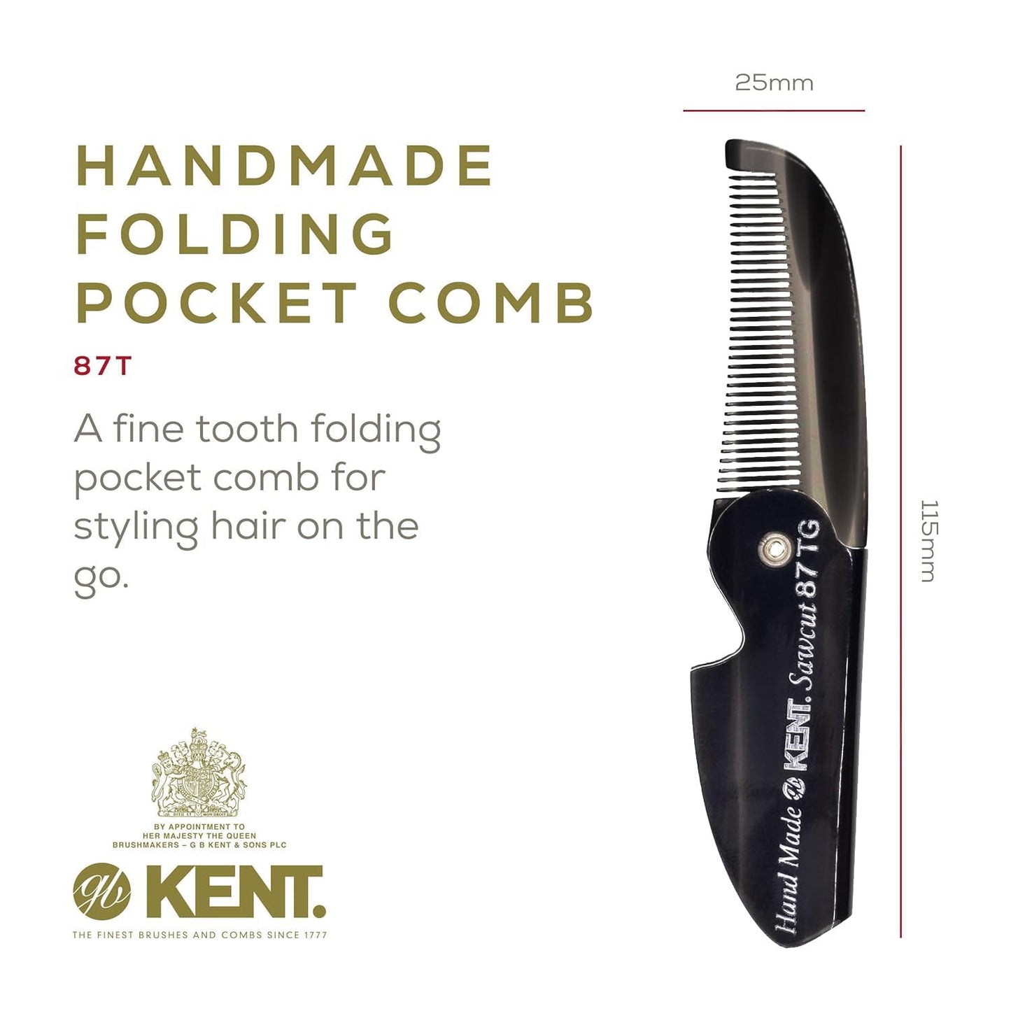 Kent 87T Black Graphite Handmade Folding Pocket Comb for Men, Fine Tooth Hair Comb Straightener for Everyday Grooming Styling Hair, Beard or Mustache, Saw Cut Hand Polished, Made in England (6 Pack)
