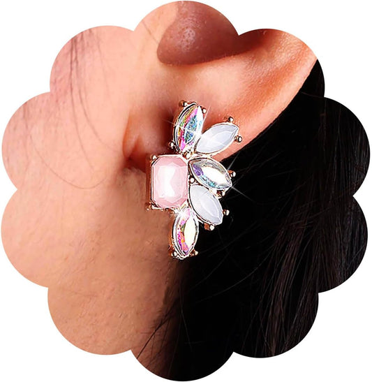 Vintage Rainbow Crystal Drop Earrings Colorful Crystal Earrings Rainbow Rhinestone Stud Earrings Pink Cz Square Earrings Jewelry for Women