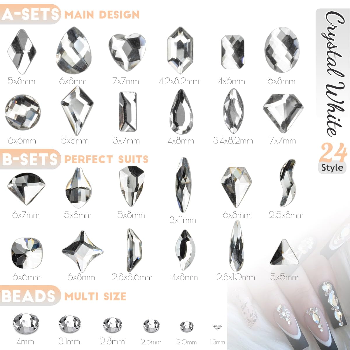 4 Boxes Silver Clear Nail Rhinestones and Glitters 24 Shapes K9 Glass Crystal White Gems Flatback Round Stones Diamonds Crystals Nail Art Charms for Nails Face Eyes Makeup DIY Crafts Tumblers