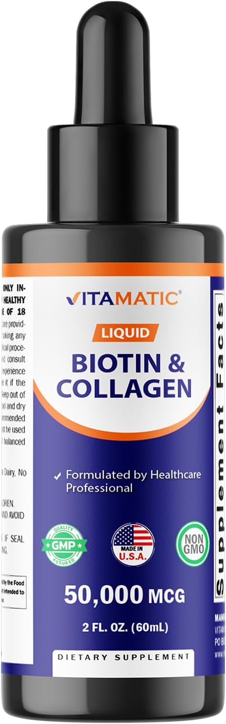Vitamatic Liquid Biotin & Collagen Drops – 50,000 mcg – 2 fl oz Supports Healthy Hair Growth, Glowing Skin & Strong Nails – for Women and Men
