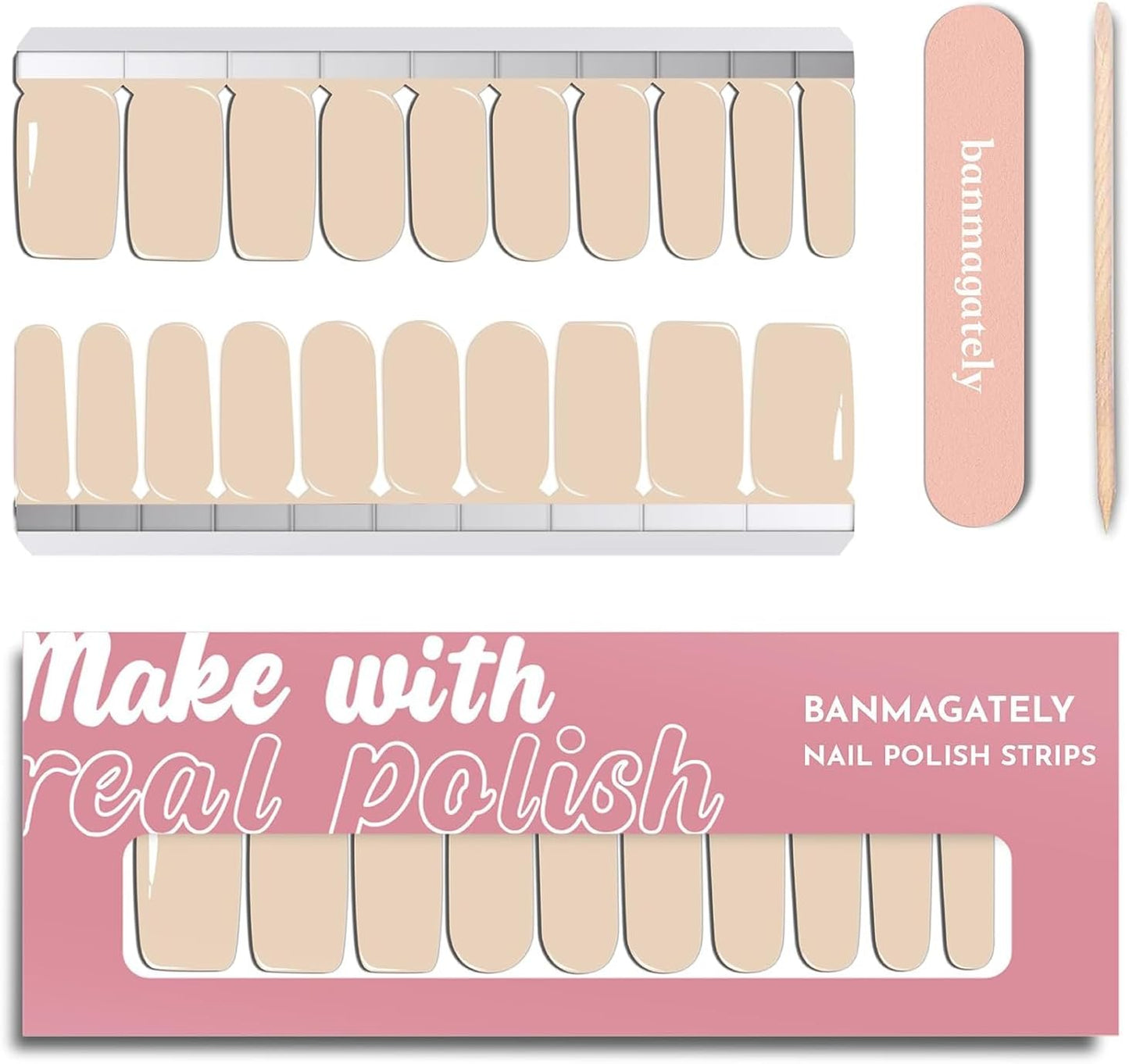 Nail Polish Strips, 20Pcs Salon Quality Gel Nail Stickers, Easy Long Lasting Wraps for Short Nails no UV Light Needed (Skin Color)