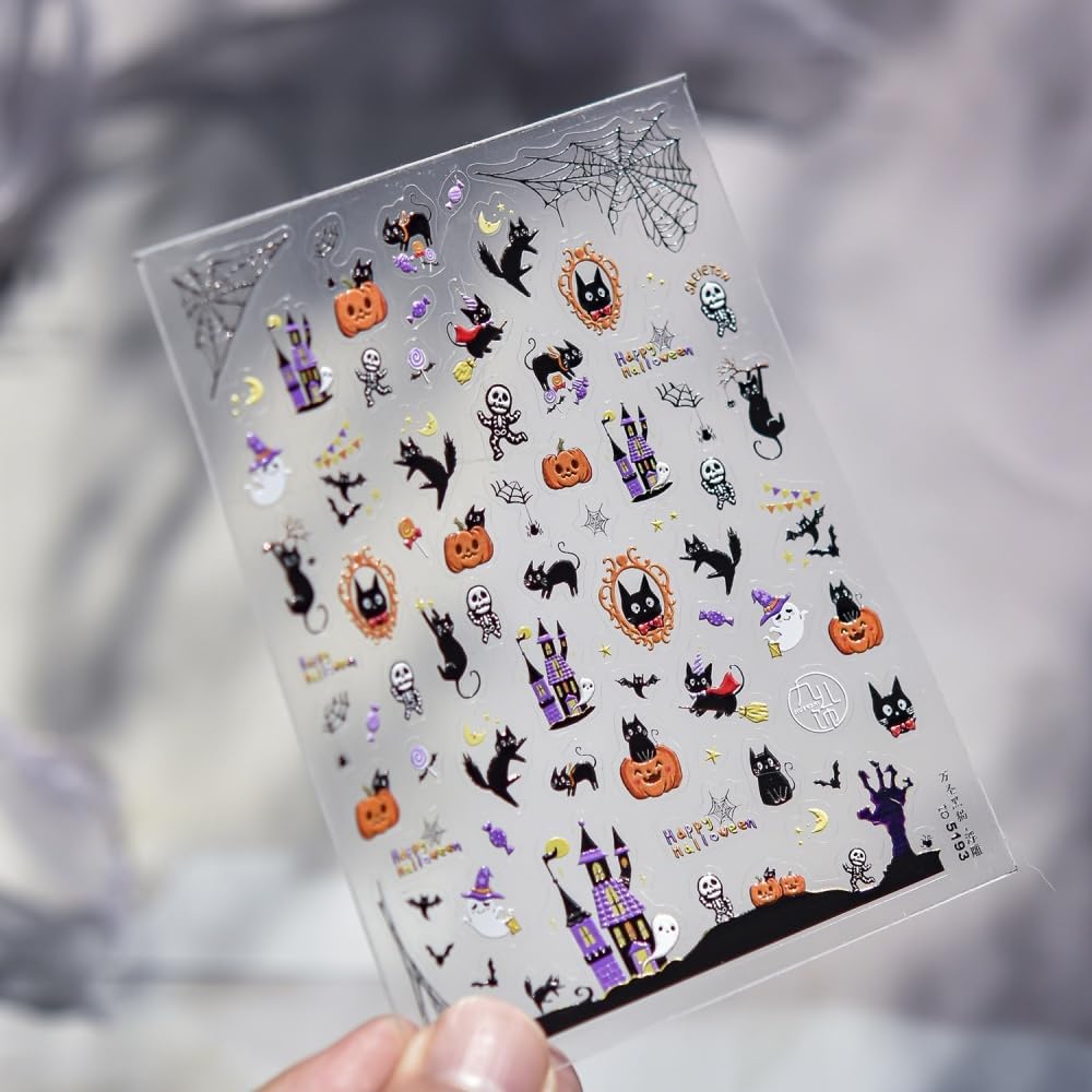 5D Embossed Halloween Nail Stickers Haunted House Ghost Nail Designs Pumpkin Cat Nail Decals 3D Self-Adhesive Skeleton Spider Web Nail Art Decoration for Women Holiday DIY Manicure 1 Sheet