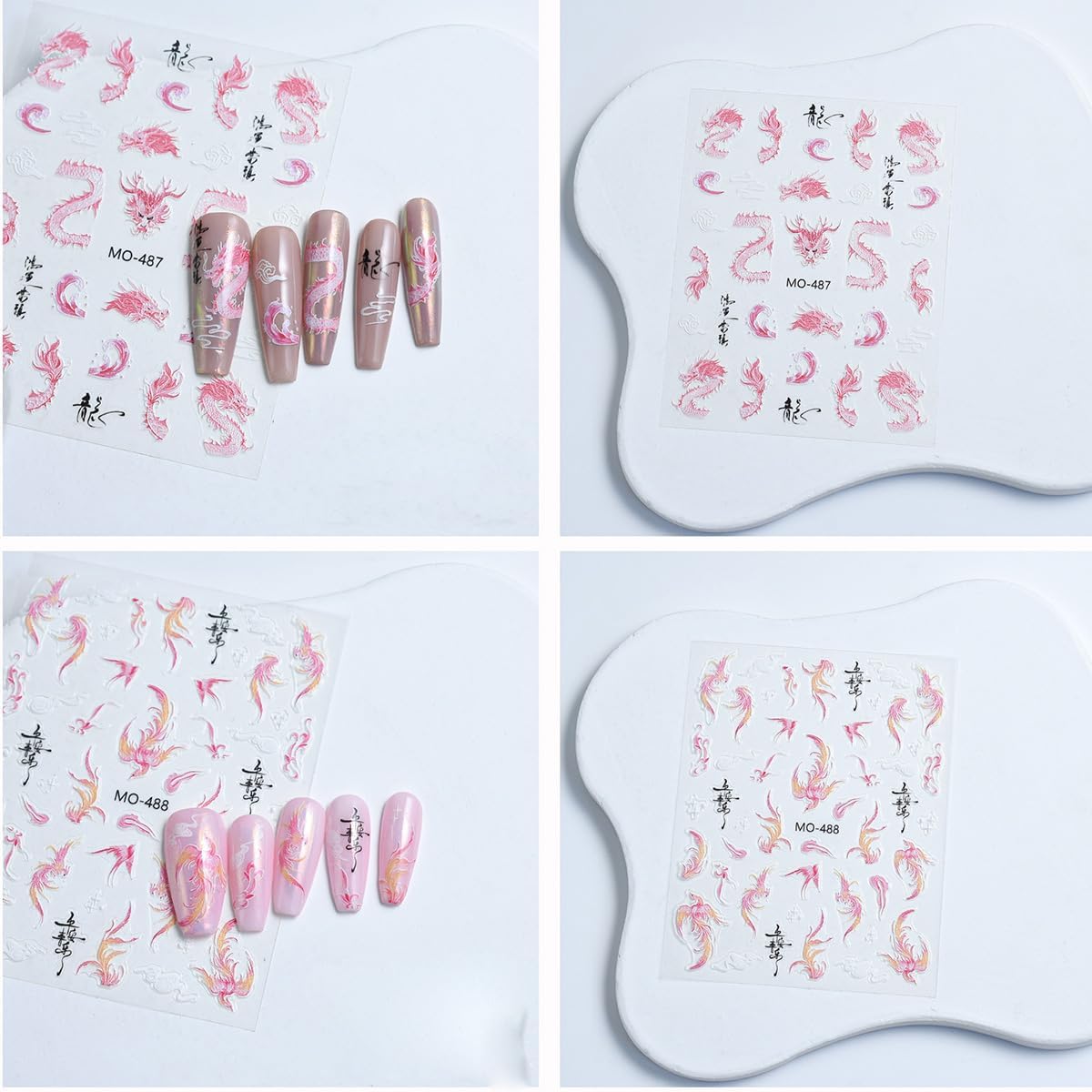 Koi Fish Nail Stickers Chinese Style Hand Drawn Loong Phoenix Nail Art Stickers 5D Embossed Nails Decals Pink Cute Dragon Nails Design Sticker Spring Summer Manicure Supplies for Women DIY 3Sheets