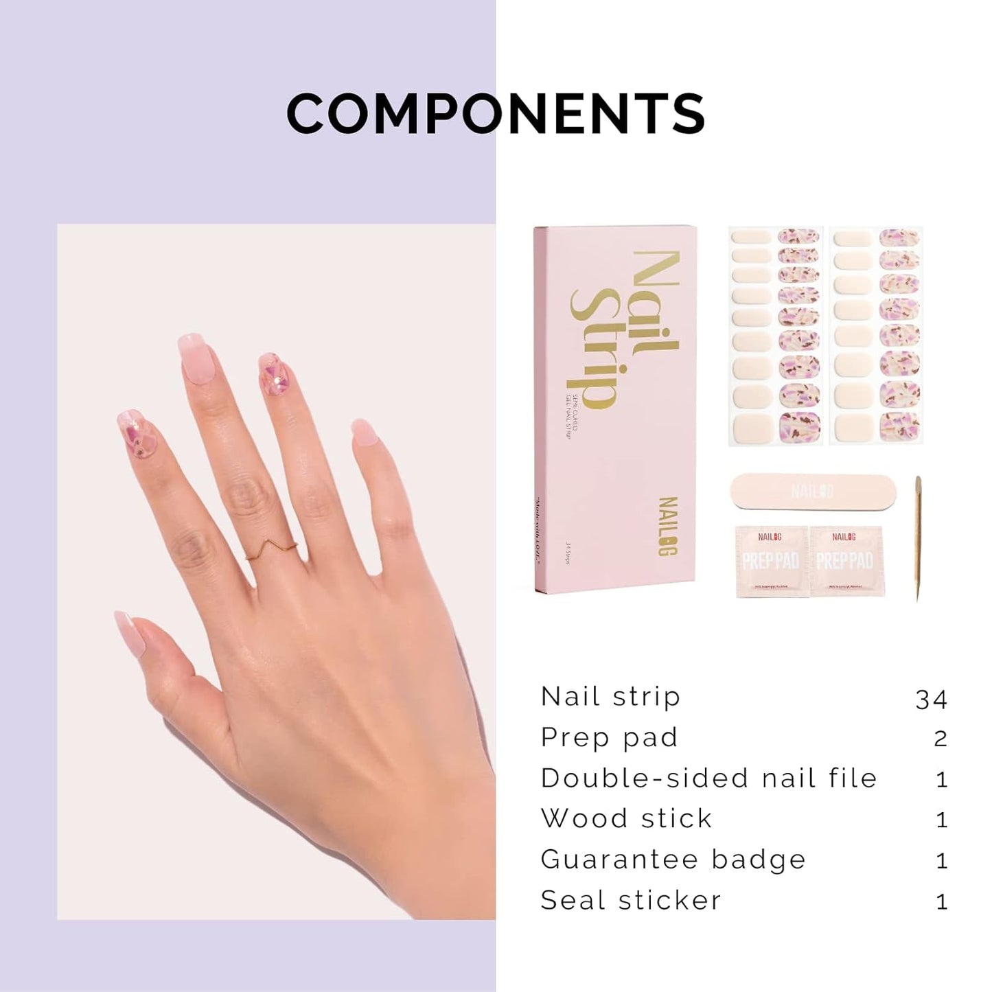 Nailog Semi Cured Gel Nail Strips 34 pcs | Long Lasting Nail Polish Sticker Wraps with Glossy Gel Finish | Morning Dew