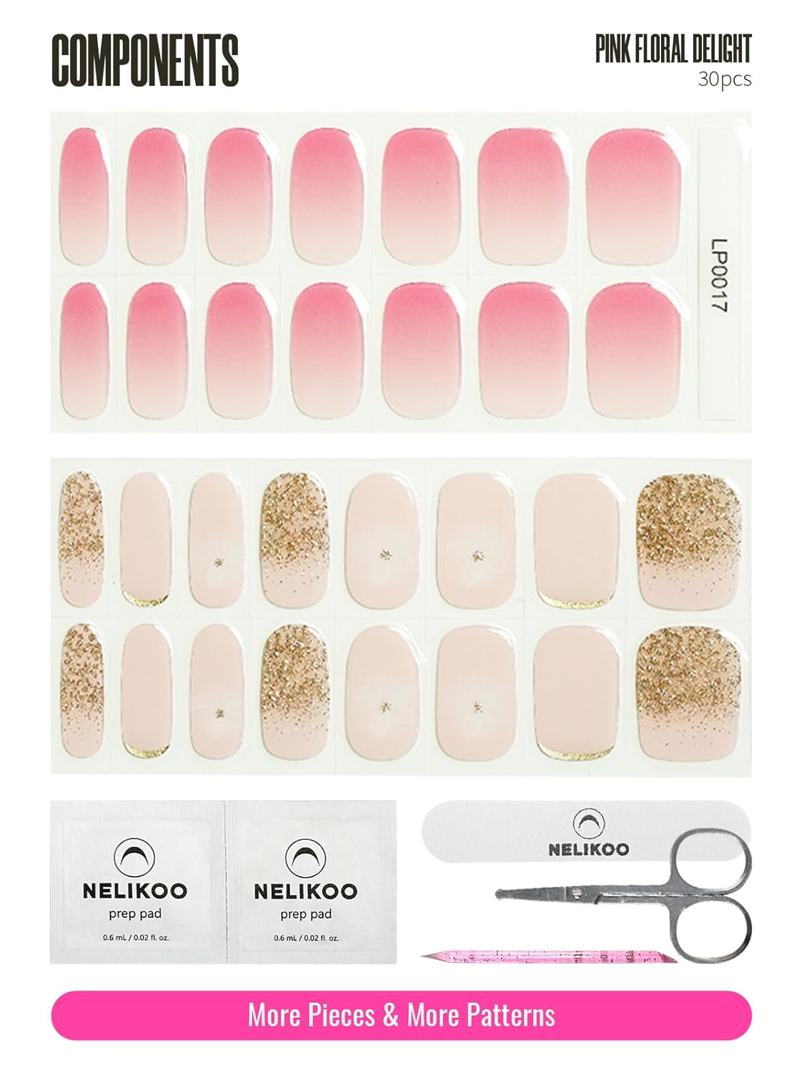 Semi Cured Gel Nail Strips, 30pcs Gel Nail Wraps, 2 Weeks Long Lasting