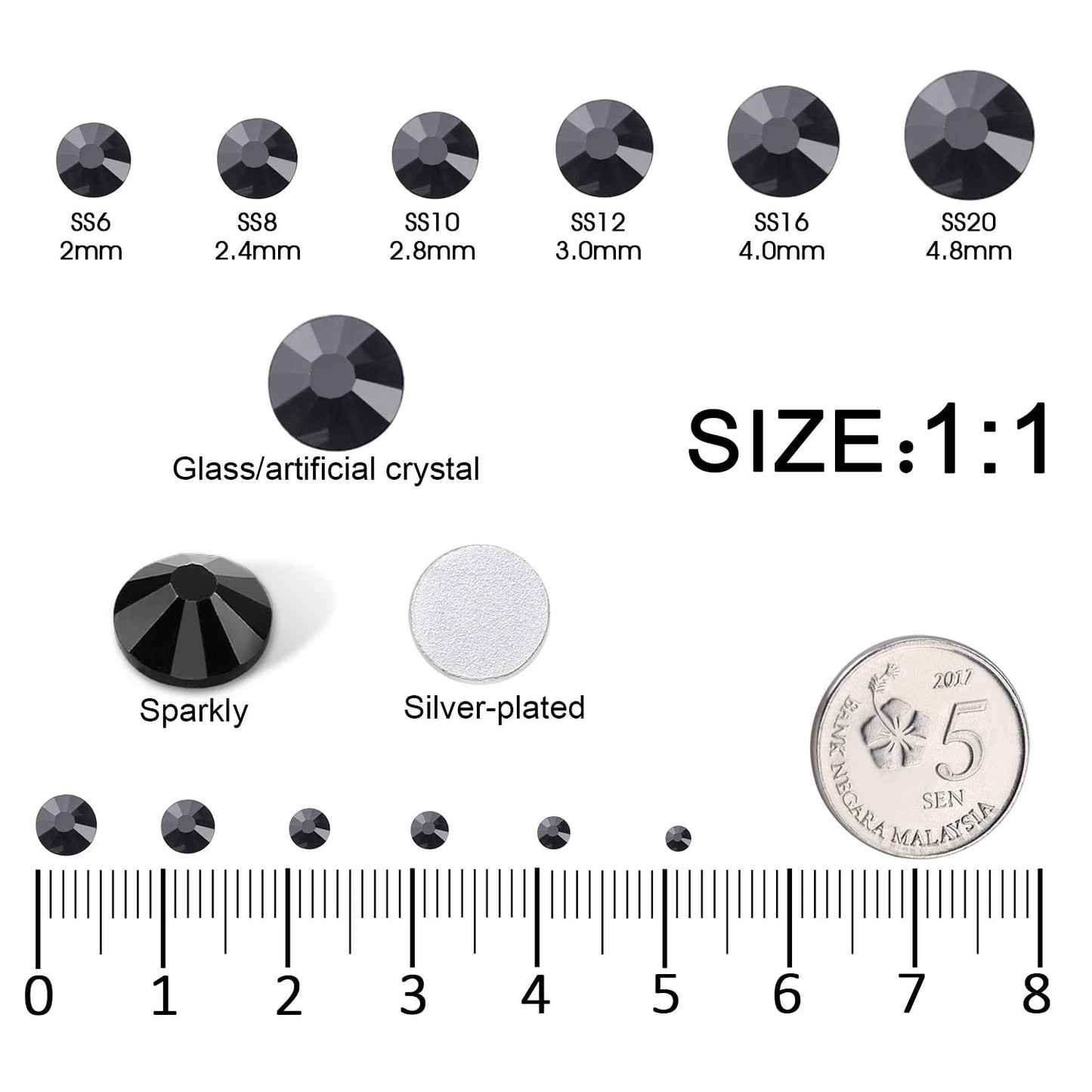 4240Pcs Flatback Black Rhinestones Glass Crystal Gemstones for Nail Art Eye Jewels Makeup Round with Tweezers and Picking Pen (SS6~SS20 Set)
